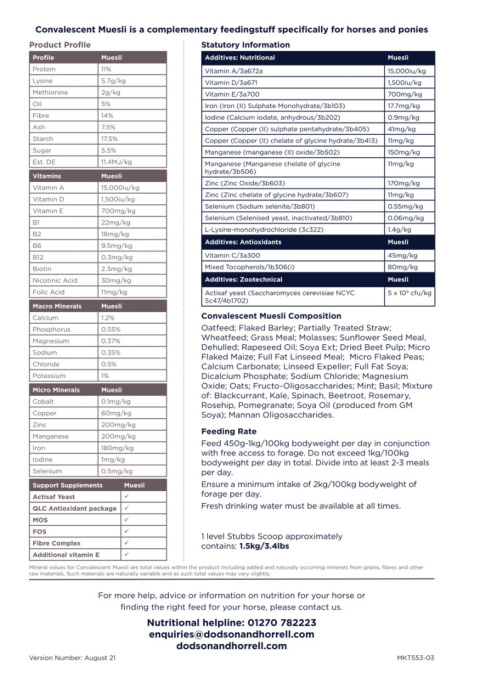 DODSON & HORRELL CONVALESCENT MUESLI 20kg
